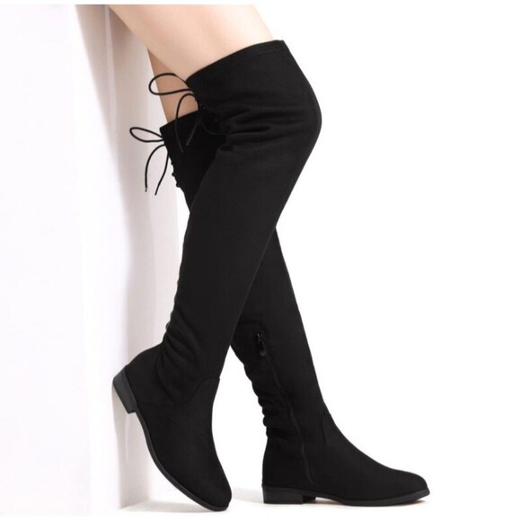 Dream Pair Thigh High Over The Knee Boots Size 8 Faux Suede Black Low Block Heel - Picture 1 of 16